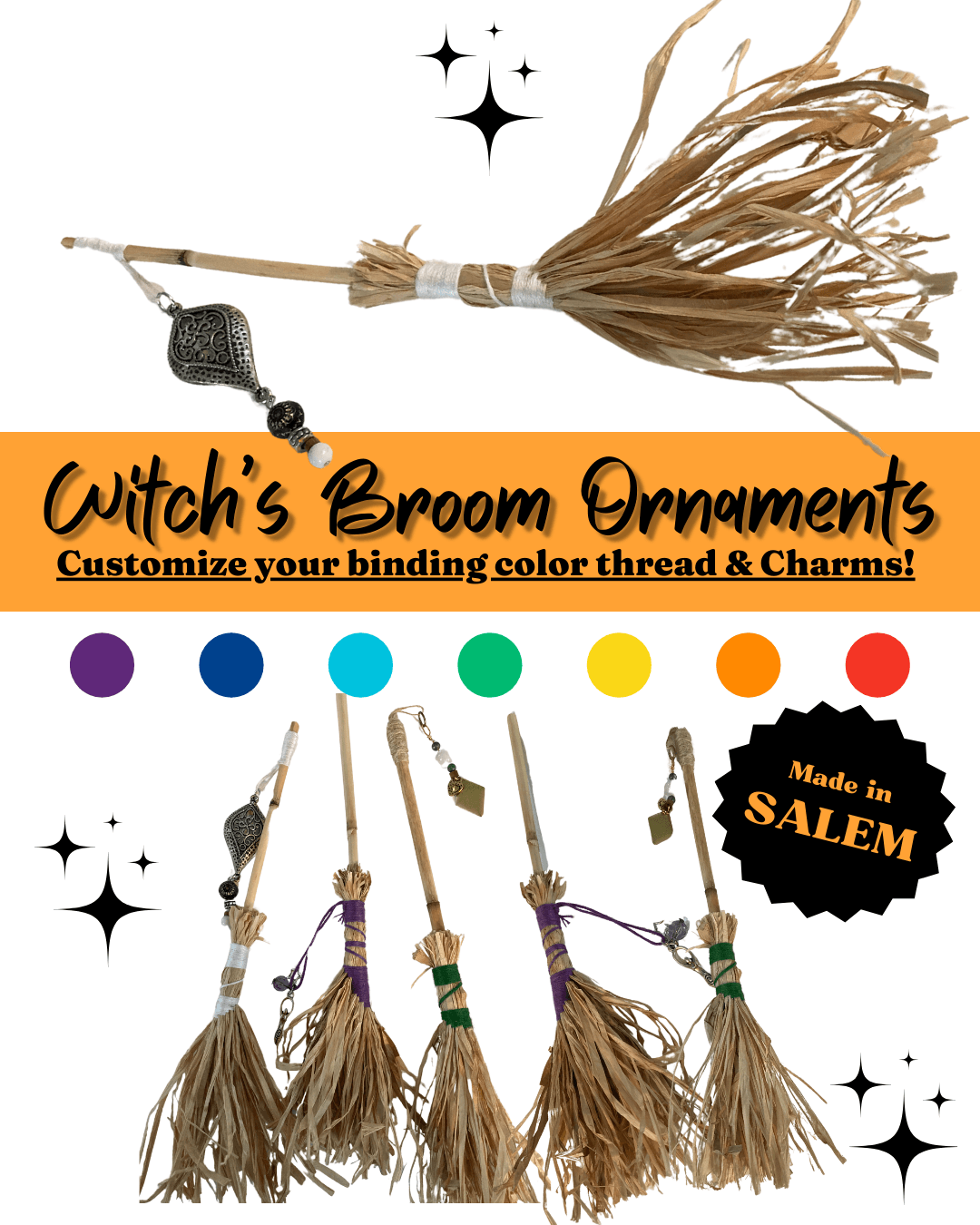 Witch Broom Ornaments - Handmade in Salem MA using Salem Sourced Materials - Winter Island Trading Co.