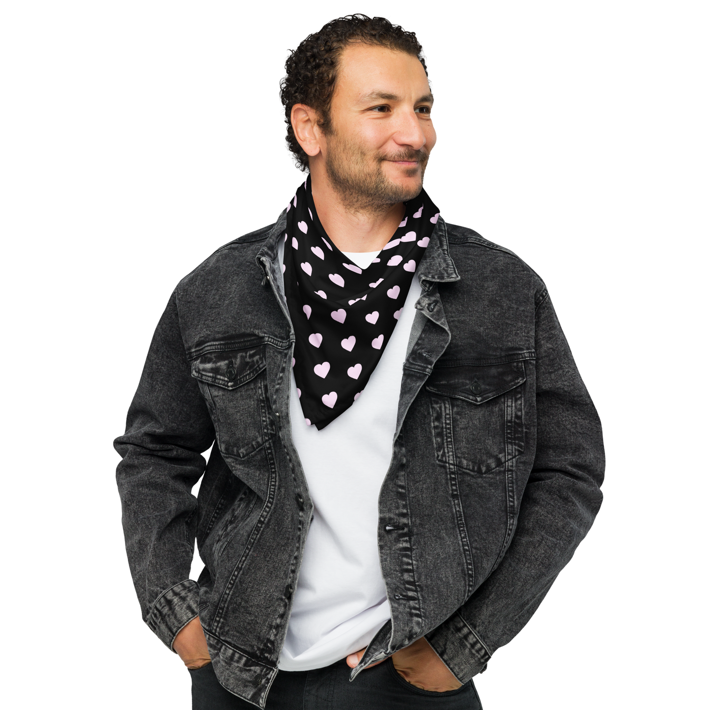 Pink Heart Black bandana, Hair Wrap, Face Covering