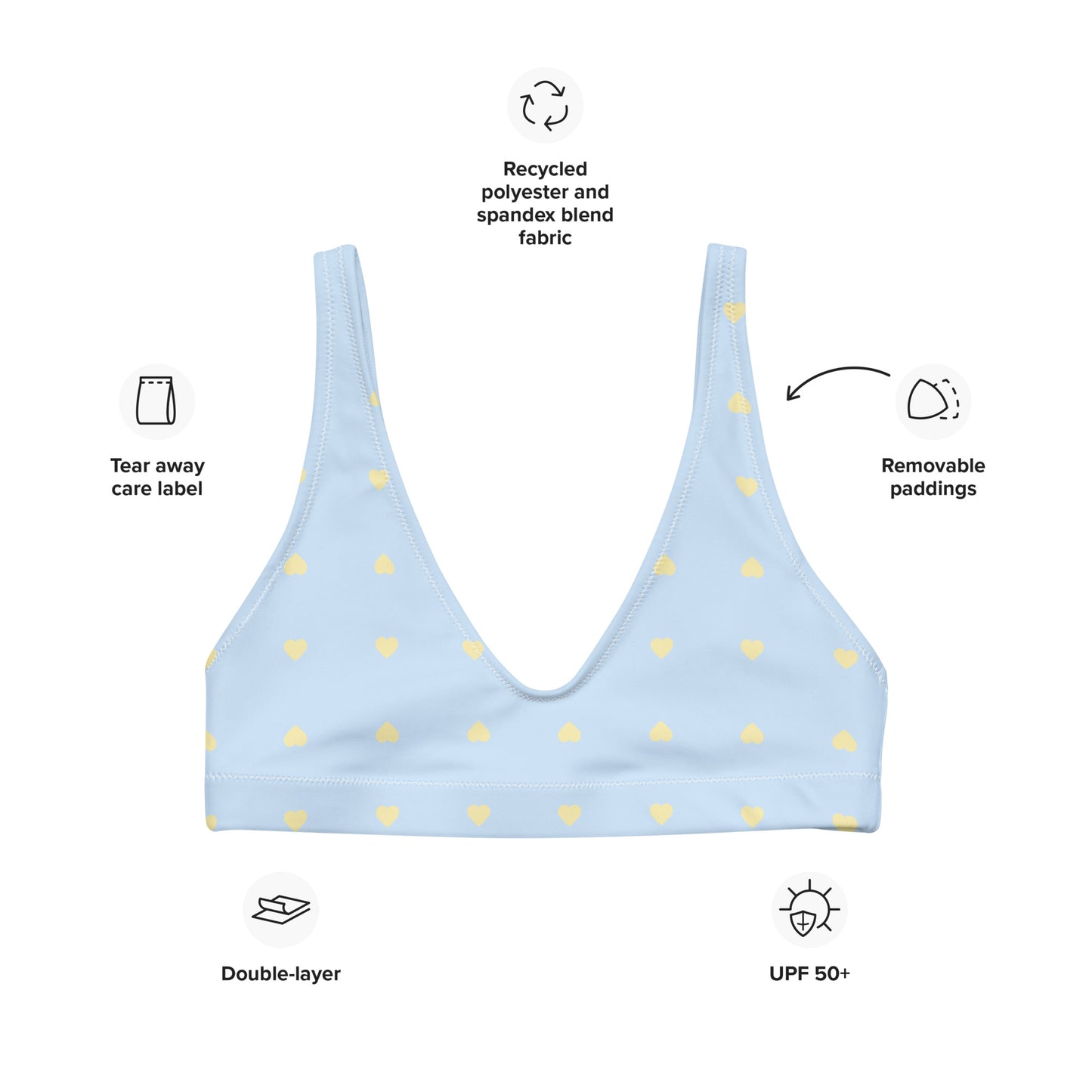 light blue bikini top pastel yellow hearts