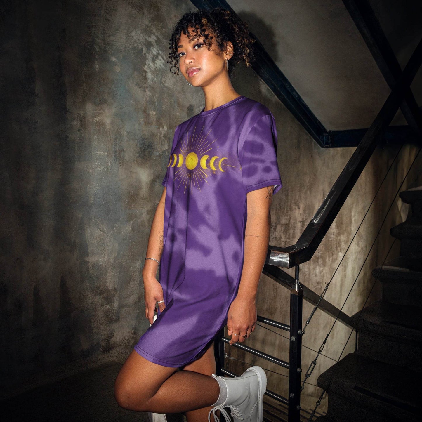 Gold Moon Phase Purple Tie-Dye Oversized T-shirt dress, Sleep Shirt, Beach Dress - Winter Island Trading Co.