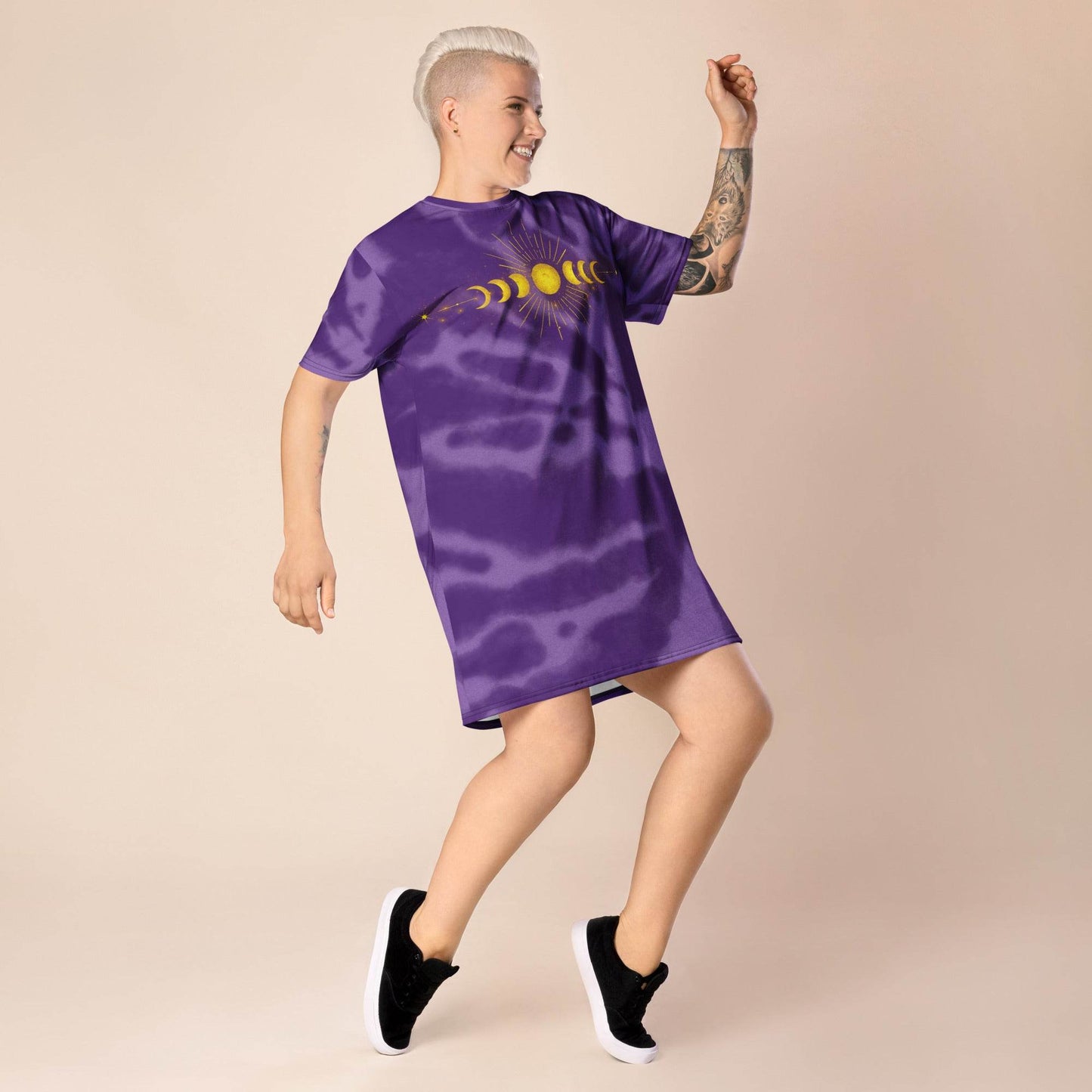 Gold Moon Phase Purple Tie-Dye Oversized T-shirt dress, Sleep Shirt, Beach Dress - Winter Island Trading Co.