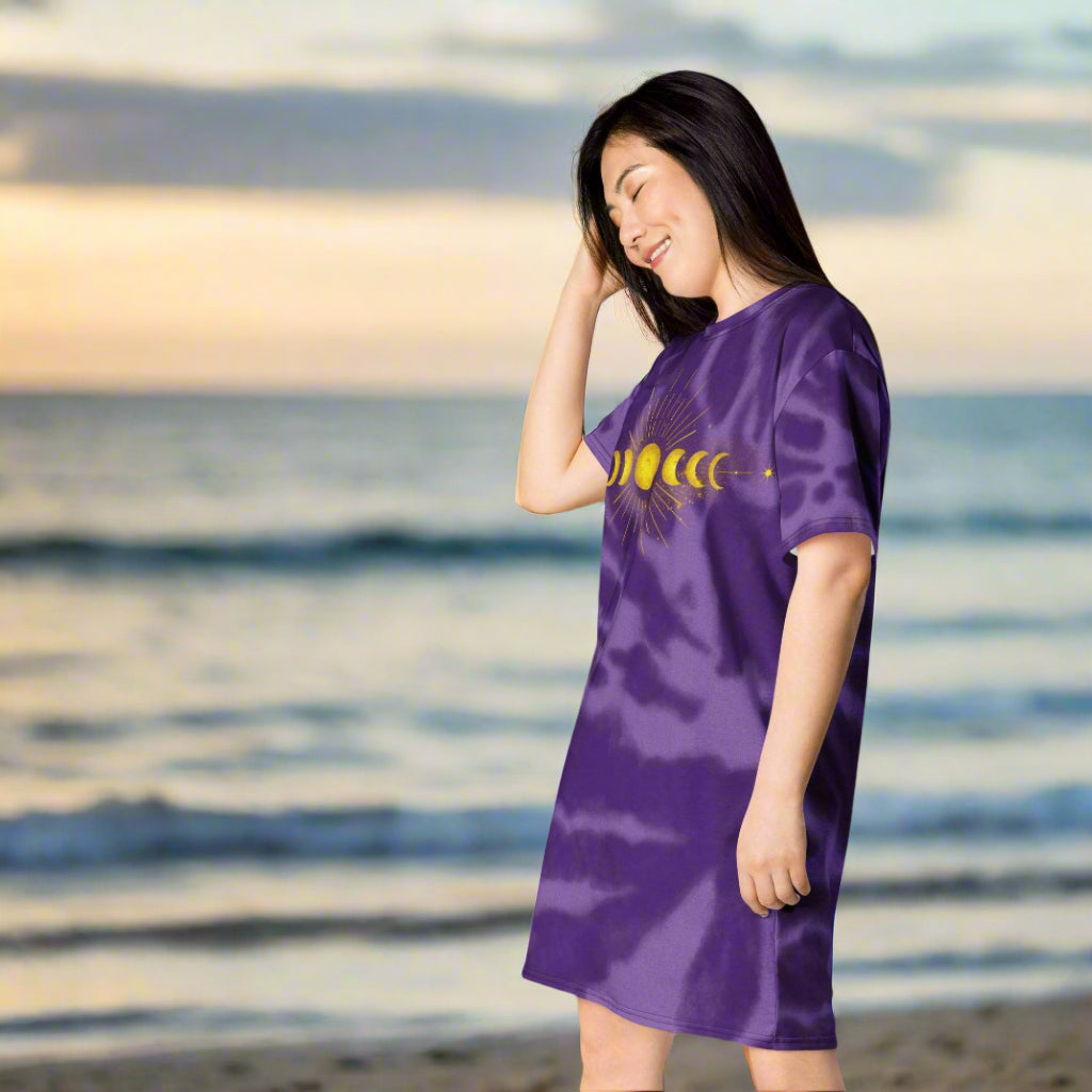 Gold Moon Phase Purple Tie-Dye Oversized T-shirt dress, Sleep Shirt, Beach Dress - Winter Island Trading Co.