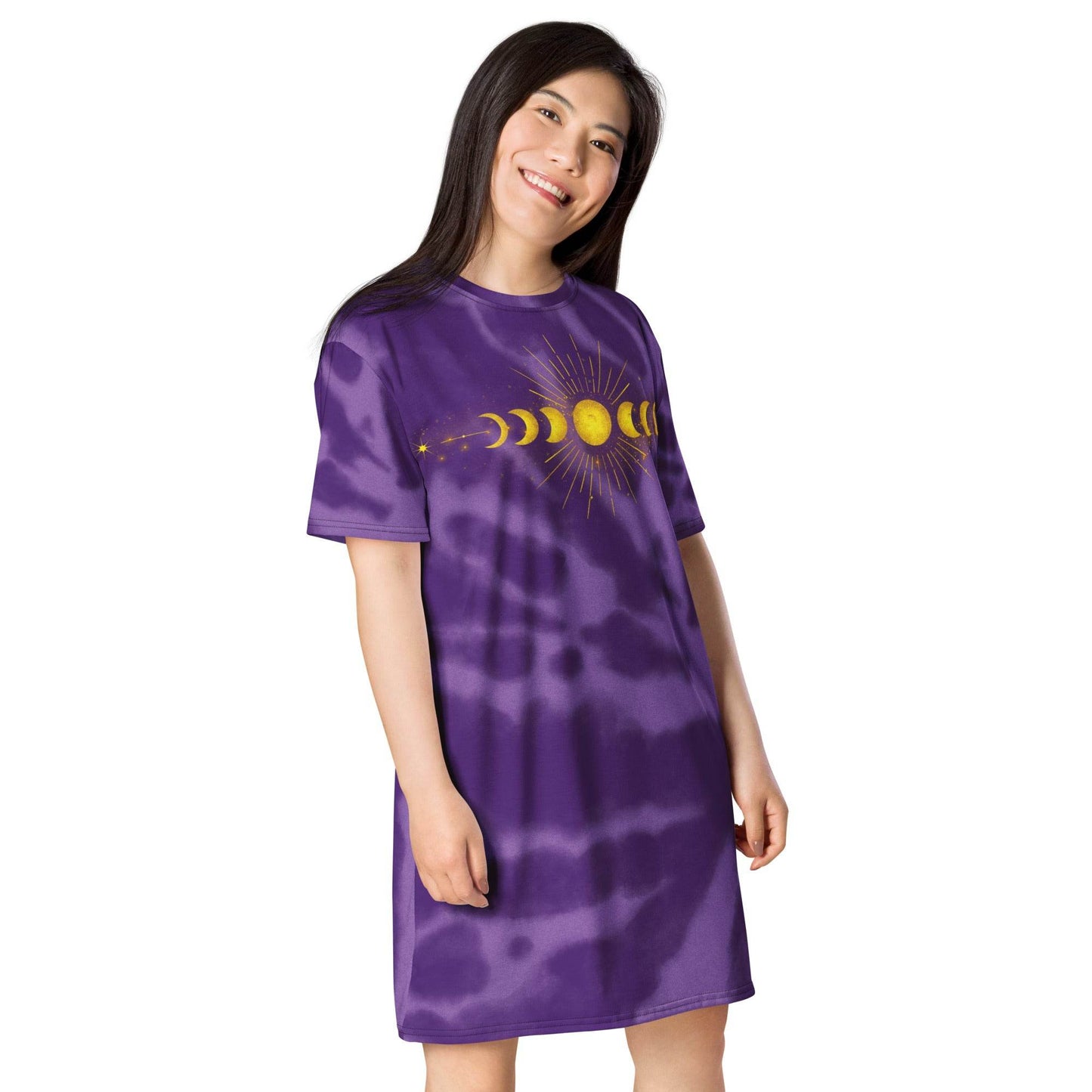Gold Moon Phase Purple Tie-Dye Oversized T-shirt dress, Sleep Shirt, Beach Dress - Winter Island Trading Co.