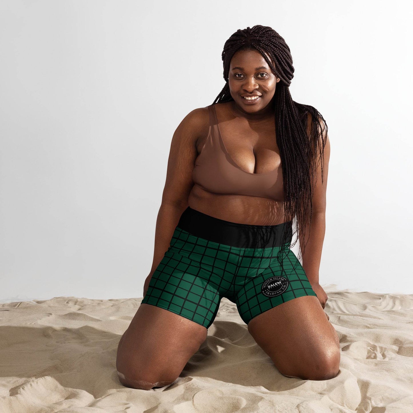 Green and Black Plaid Goth Punk Yoga Workout Shorts - Winter Island Trading Co.