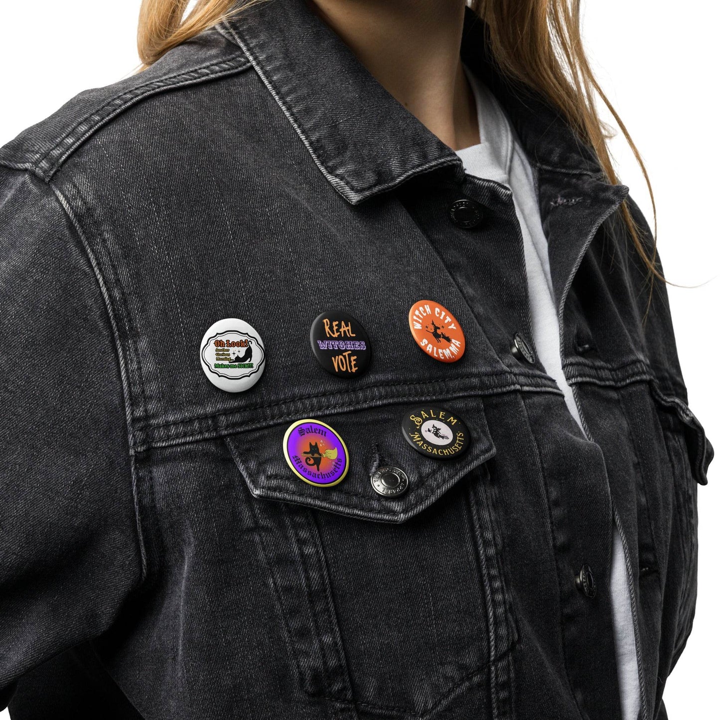 Salem MA Witch Black Cat Themed Set of pin buttons - Winter Island Trading Co.