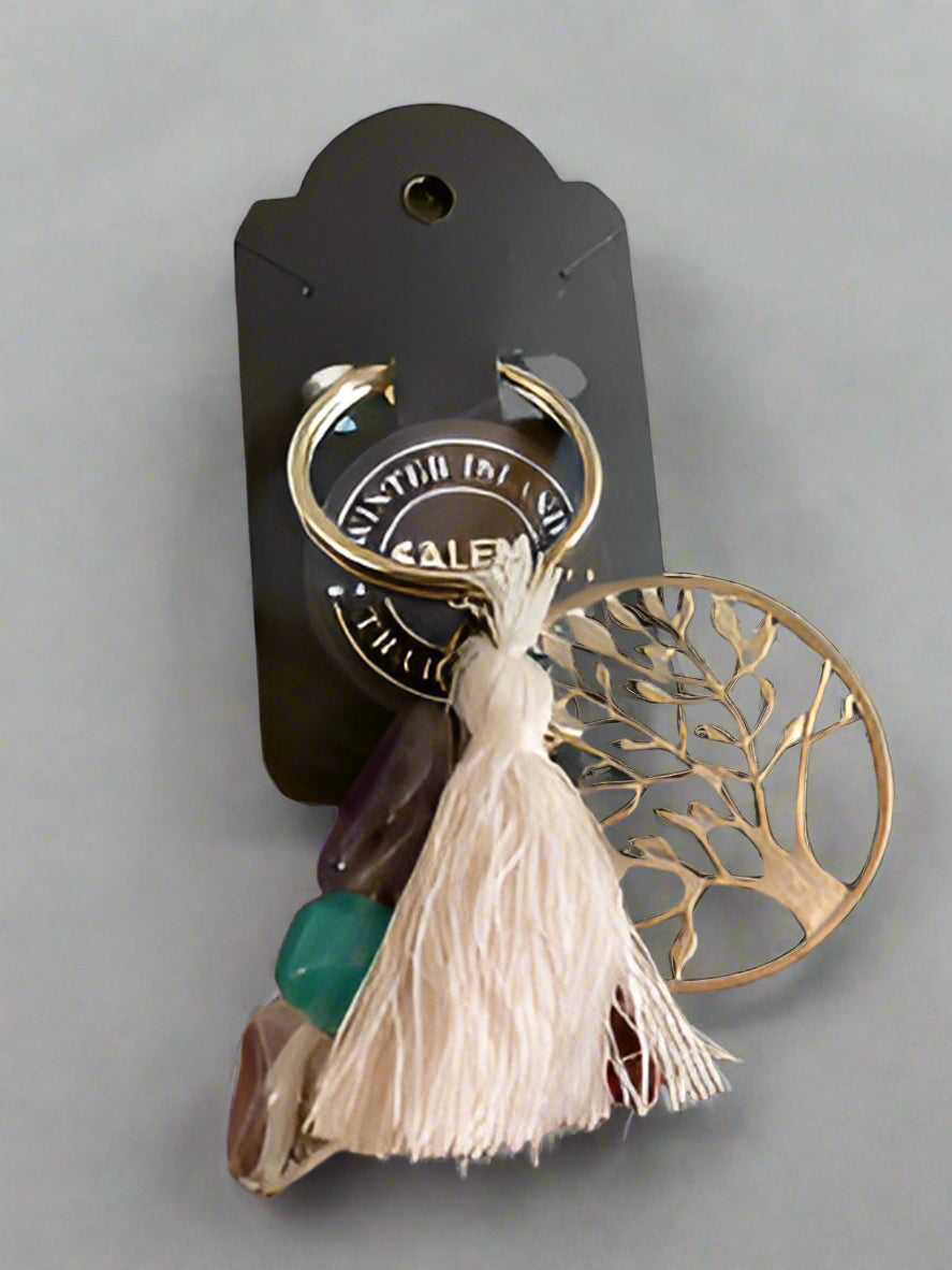 Tree of Life Keychain With Amethyst, Quartz & Glass Beads