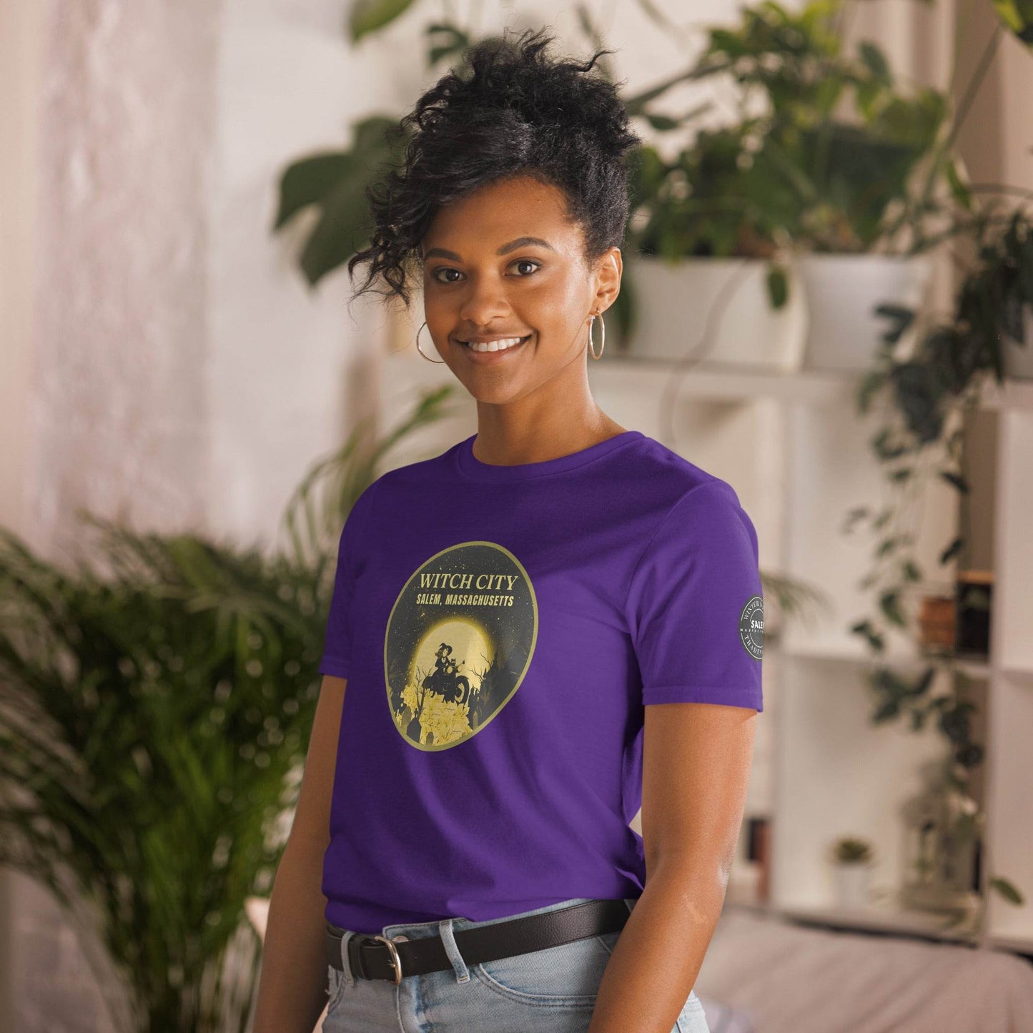 Vintage Motorcycle Witch Pinup Print in Gold Short-Sleeve Unisex T-Shirt - Winter Island Trading Co.