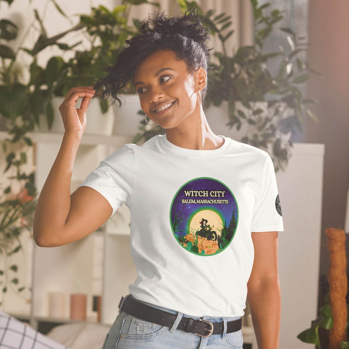 Vintage Motorcycle Witch Green Print Short-Sleeve Soft Unisex T-Shirt - Winter Island Trading Co.