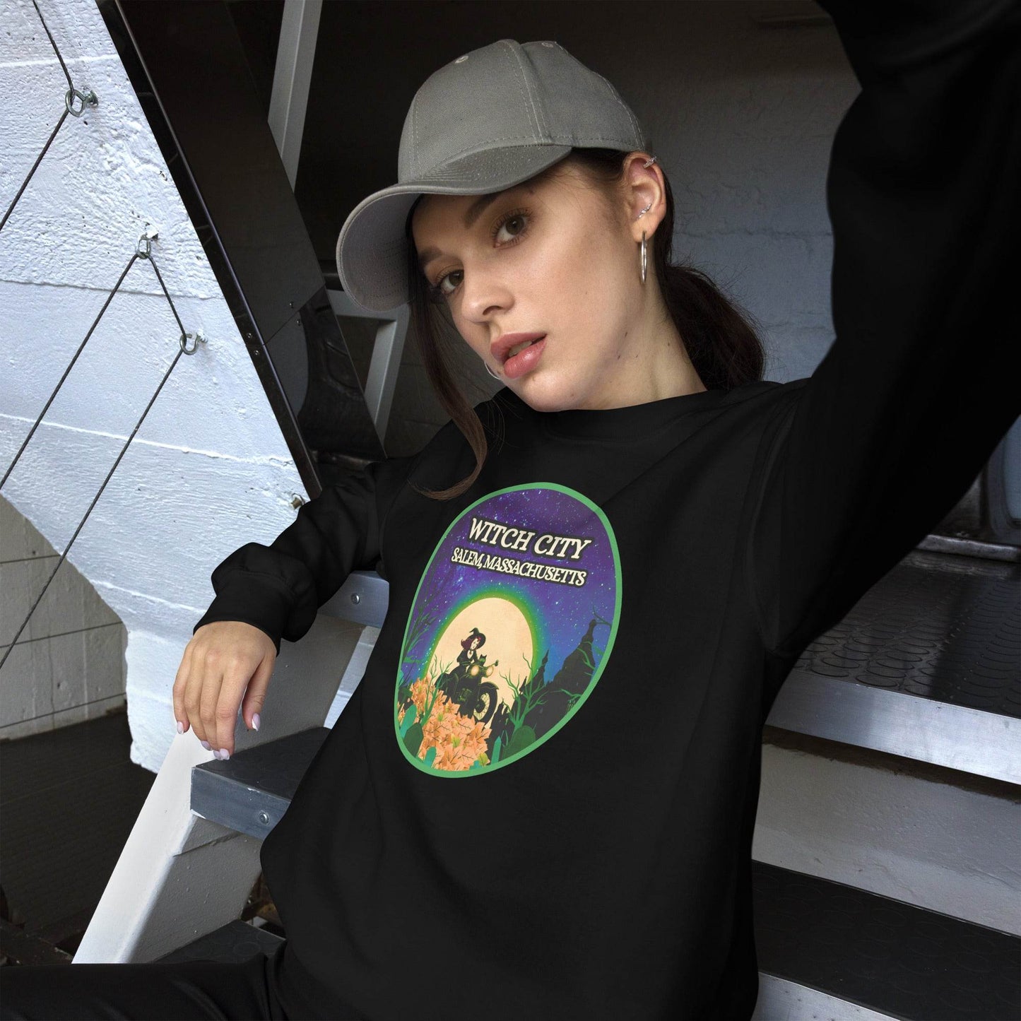 Vintage Witch City Pinup Witch on Motorcycle Unisex Super Soft Sweatshirt - Winter Island Trading Co.