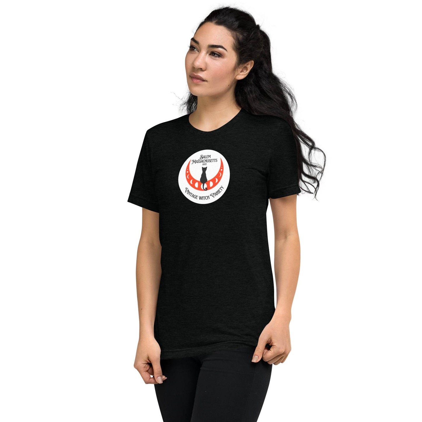 Super Soft Black Cat in Crescent Moon Salem, MA Short Tri-Blend sleeve t-shirt - Winter Island Trading Co.