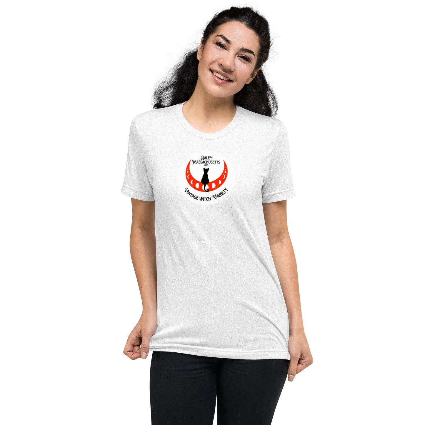 Super Soft Black Cat in Crescent Moon Salem, MA Short Tri-Blend sleeve t-shirt - Winter Island Trading Co.