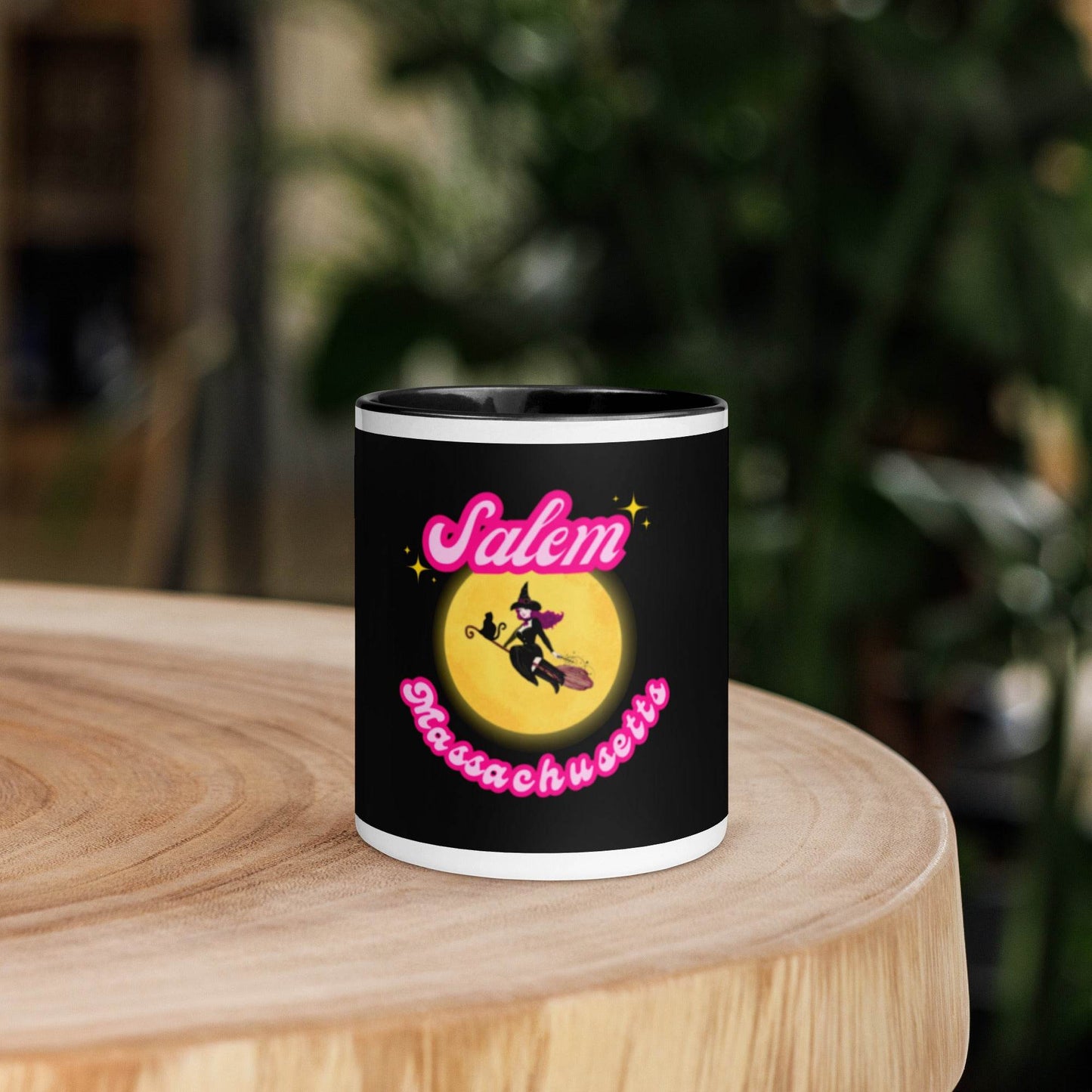 Barbie Inspired Salem Witch Flying with Black Cat Mug with Color Inside - Winter Island Trading Co.