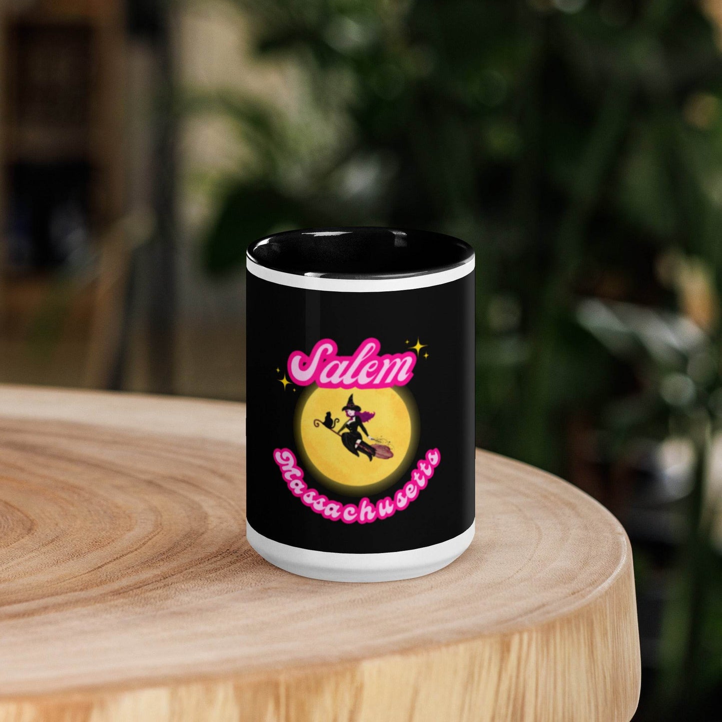 Barbie Inspired Salem Witch Flying with Black Cat Mug with Color Inside - Winter Island Trading Co.