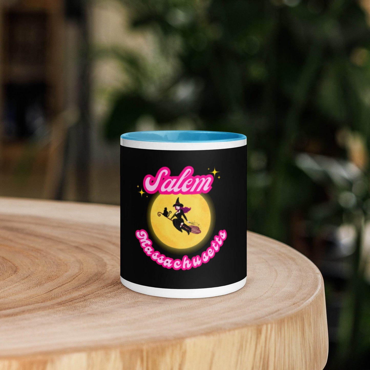 Barbie Inspired Salem Witch Flying with Black Cat Mug with Color Inside - Winter Island Trading Co.