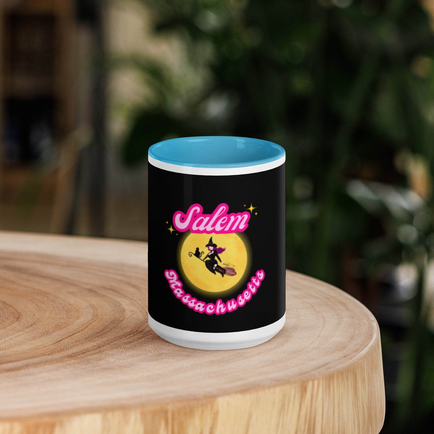 Barbie Inspired Salem Witch Flying with Black Cat Mug with Color Inside - Winter Island Trading Co.