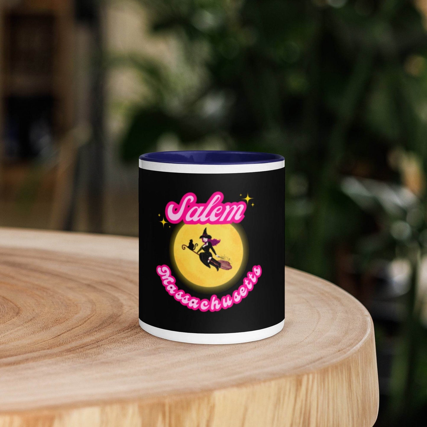 Barbie Inspired Salem Witch Flying with Black Cat Mug with Color Inside - Winter Island Trading Co.