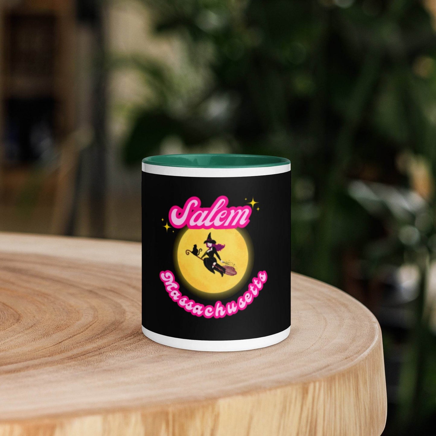 Barbie Inspired Salem Witch Flying with Black Cat Mug with Color Inside - Winter Island Trading Co.