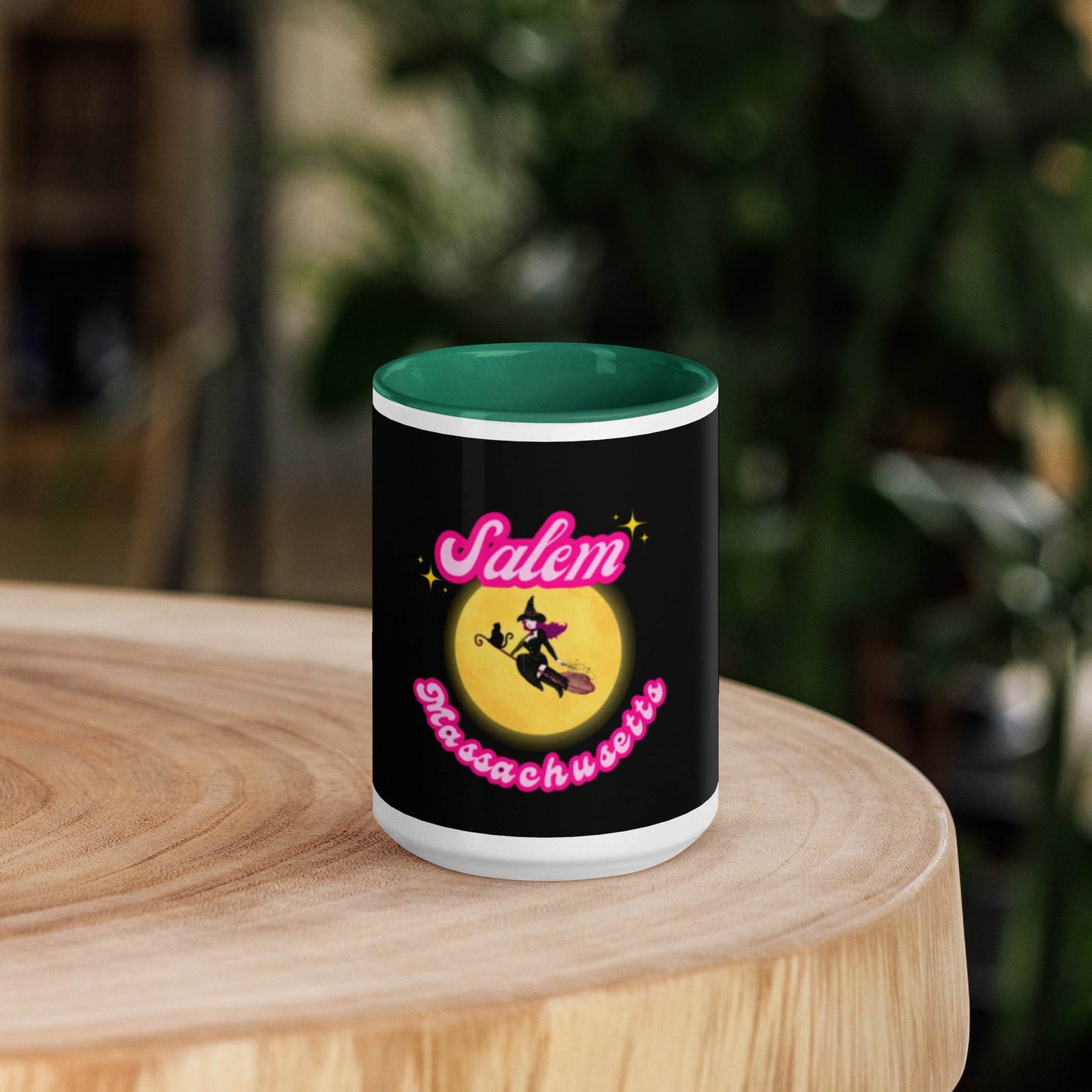Barbie Inspired Salem Witch Flying with Black Cat Mug with Color Inside - Winter Island Trading Co.
