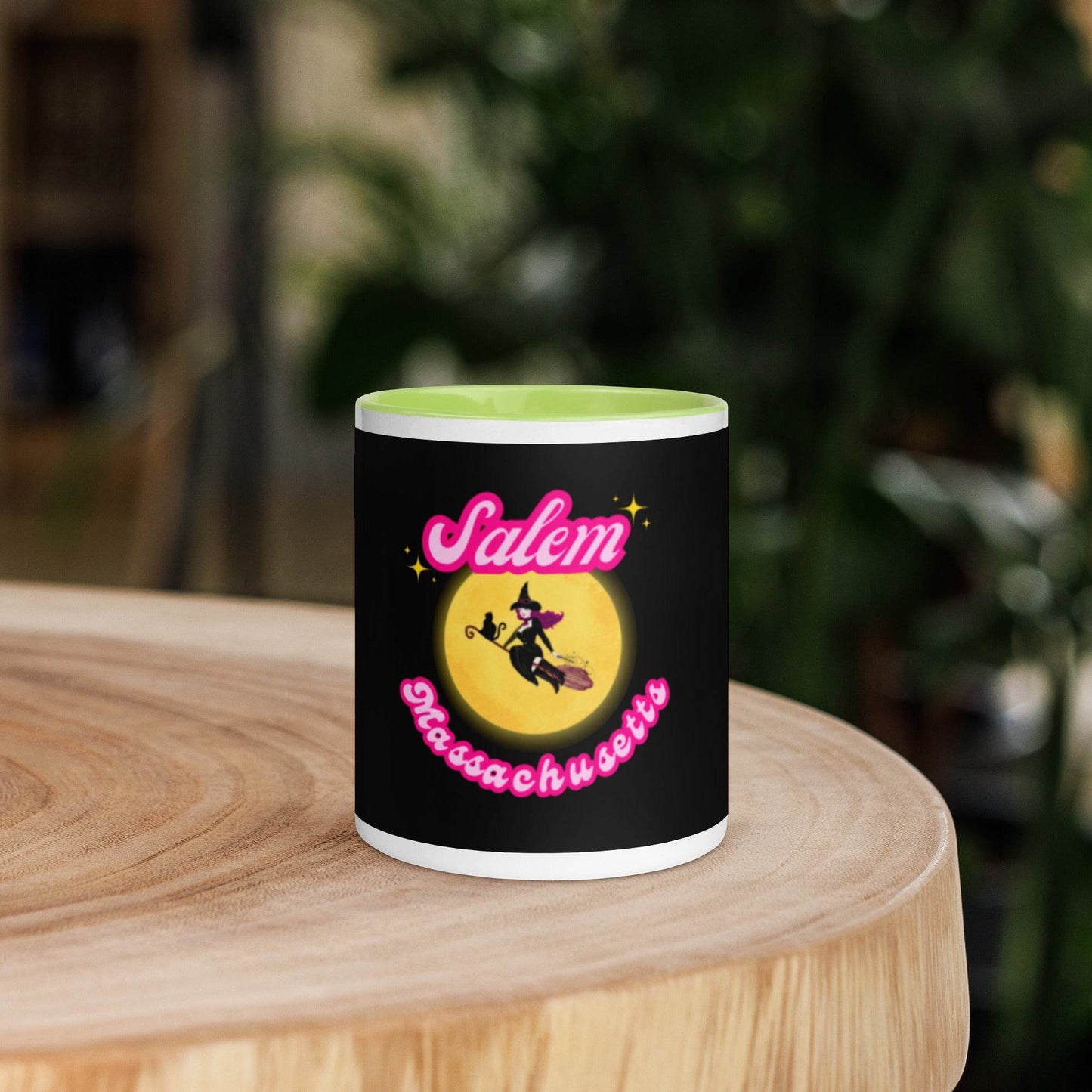 Barbie Inspired Salem Witch Flying with Black Cat Mug with Color Inside - Winter Island Trading Co.