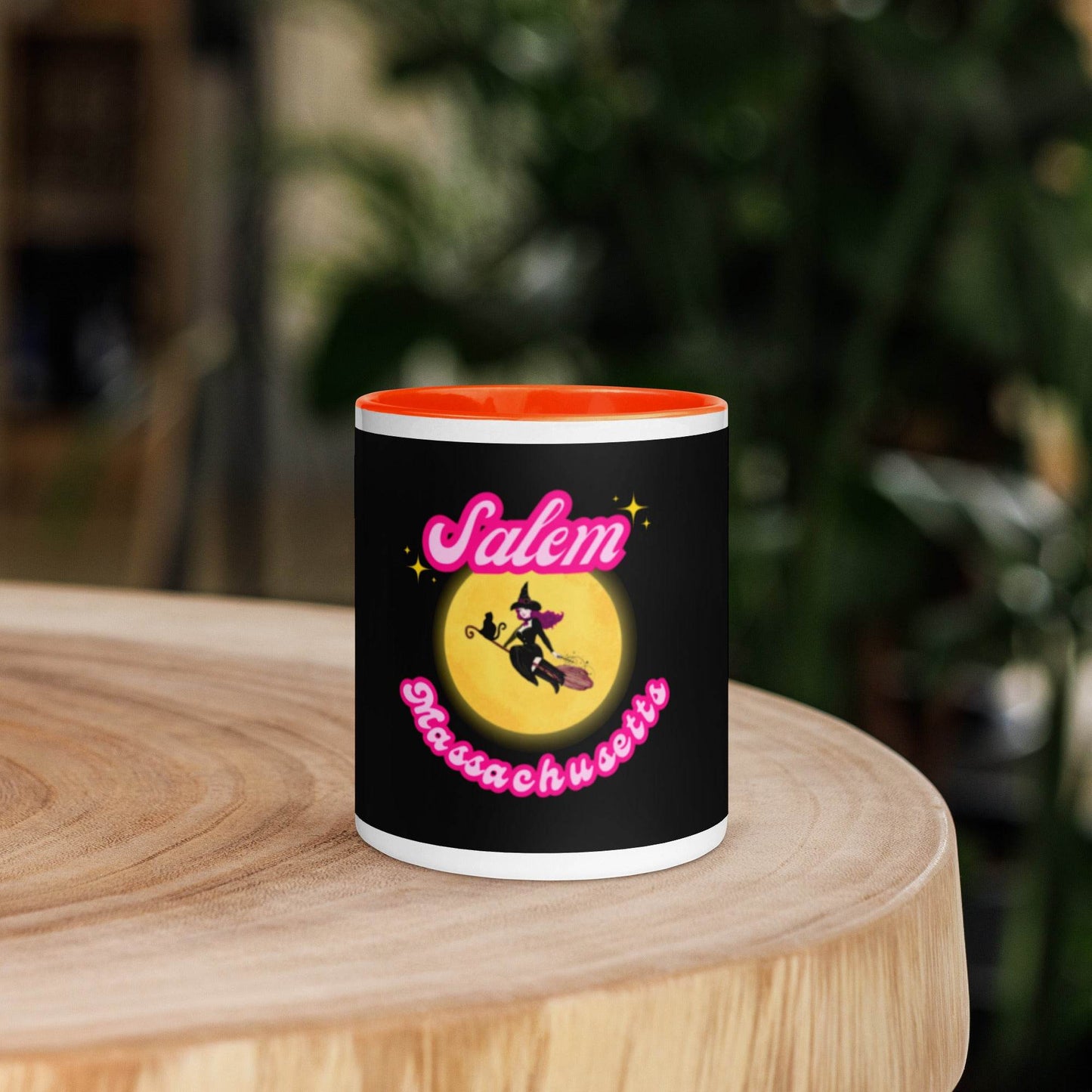 Barbie Inspired Salem Witch Flying with Black Cat Mug with Color Inside - Winter Island Trading Co.