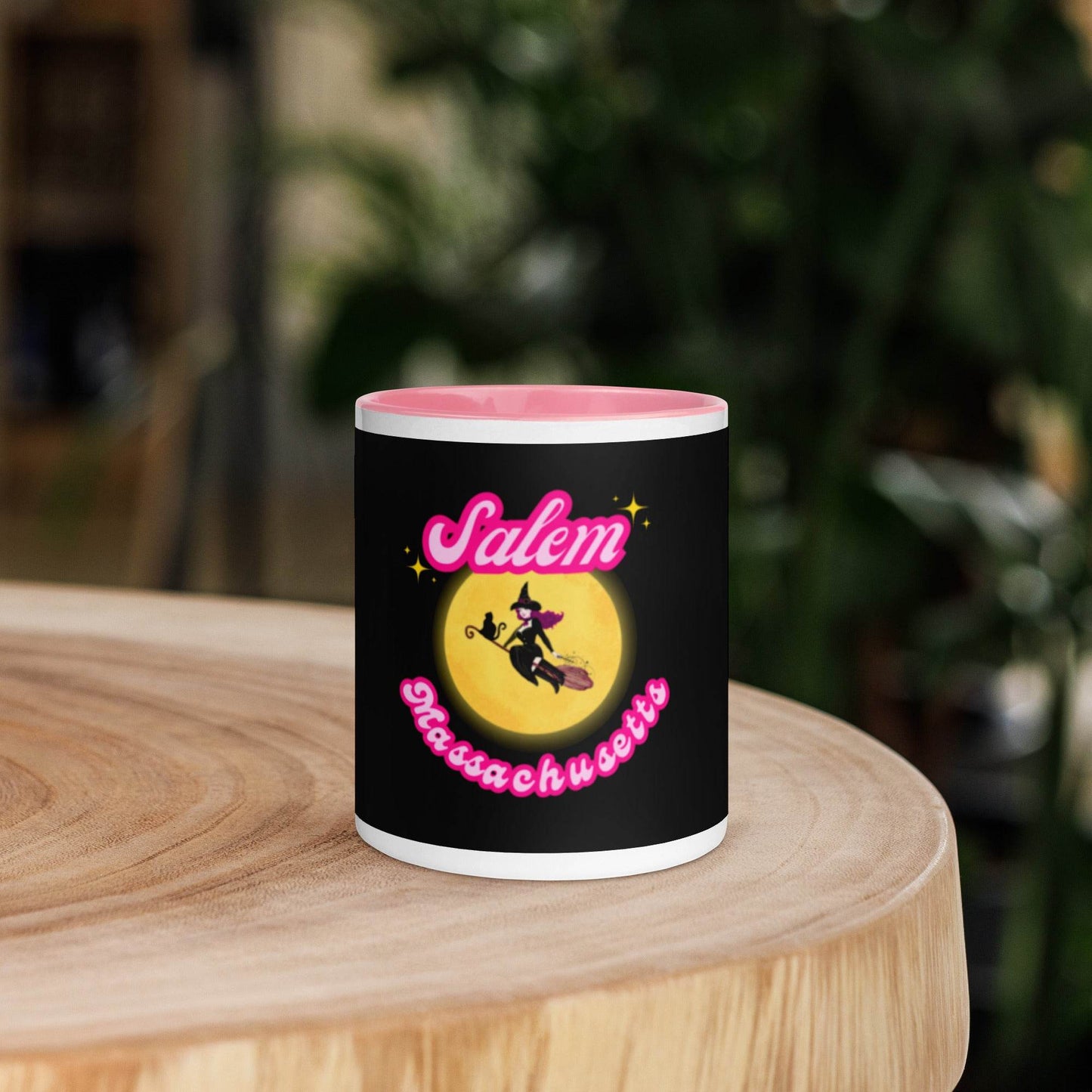 Barbie Inspired Salem Witch Flying with Black Cat Mug with Color Inside - Winter Island Trading Co.