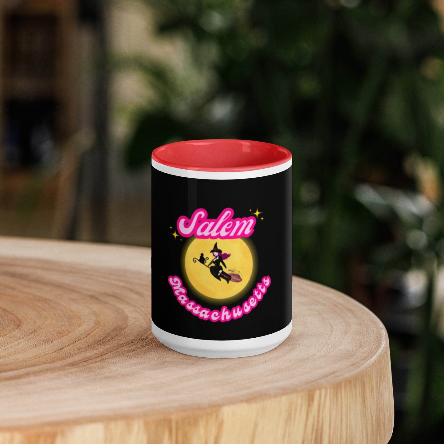 Barbie Inspired Salem Witch Flying with Black Cat Mug with Color Inside - Winter Island Trading Co.