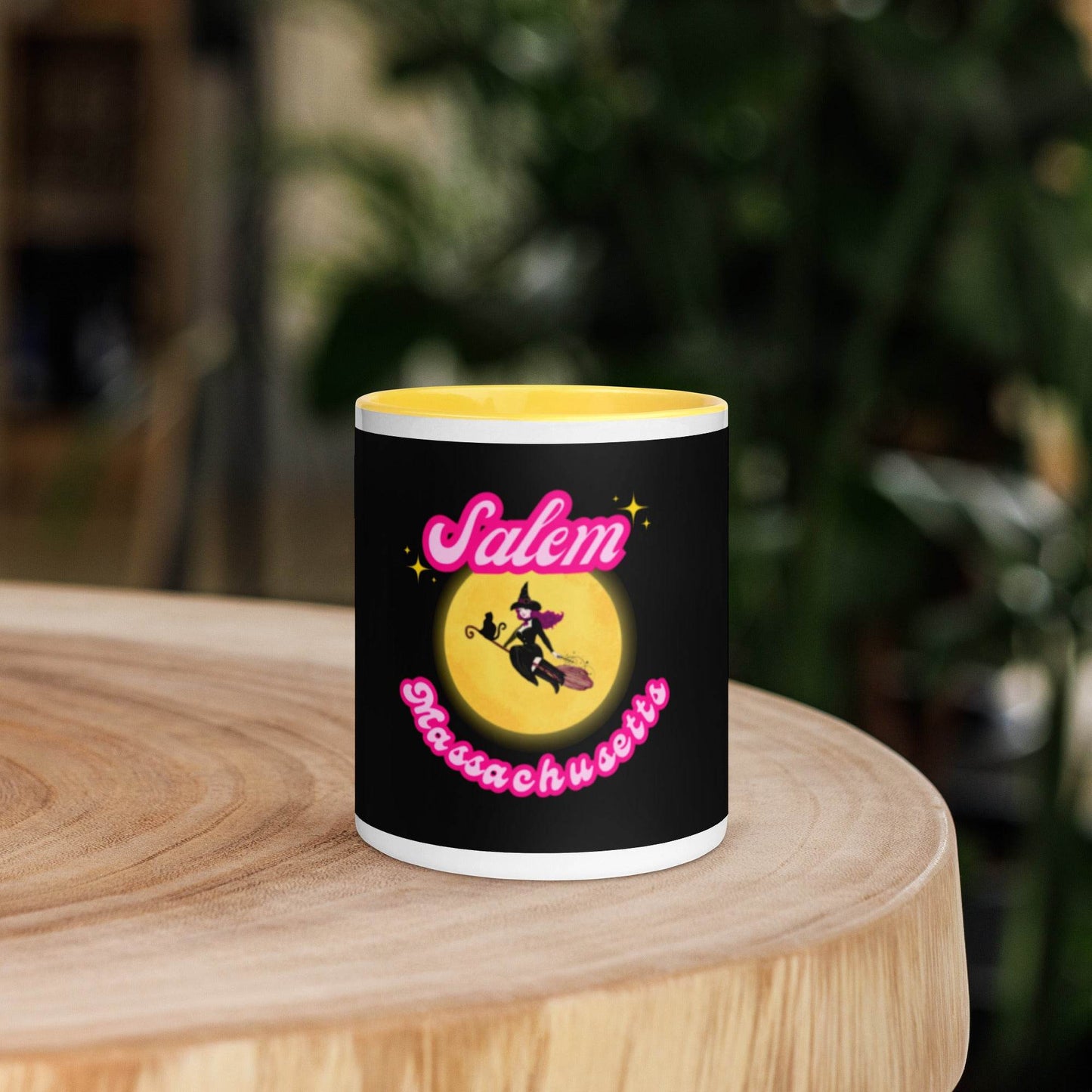 Barbie Inspired Salem Witch Flying with Black Cat Mug with Color Inside - Winter Island Trading Co.