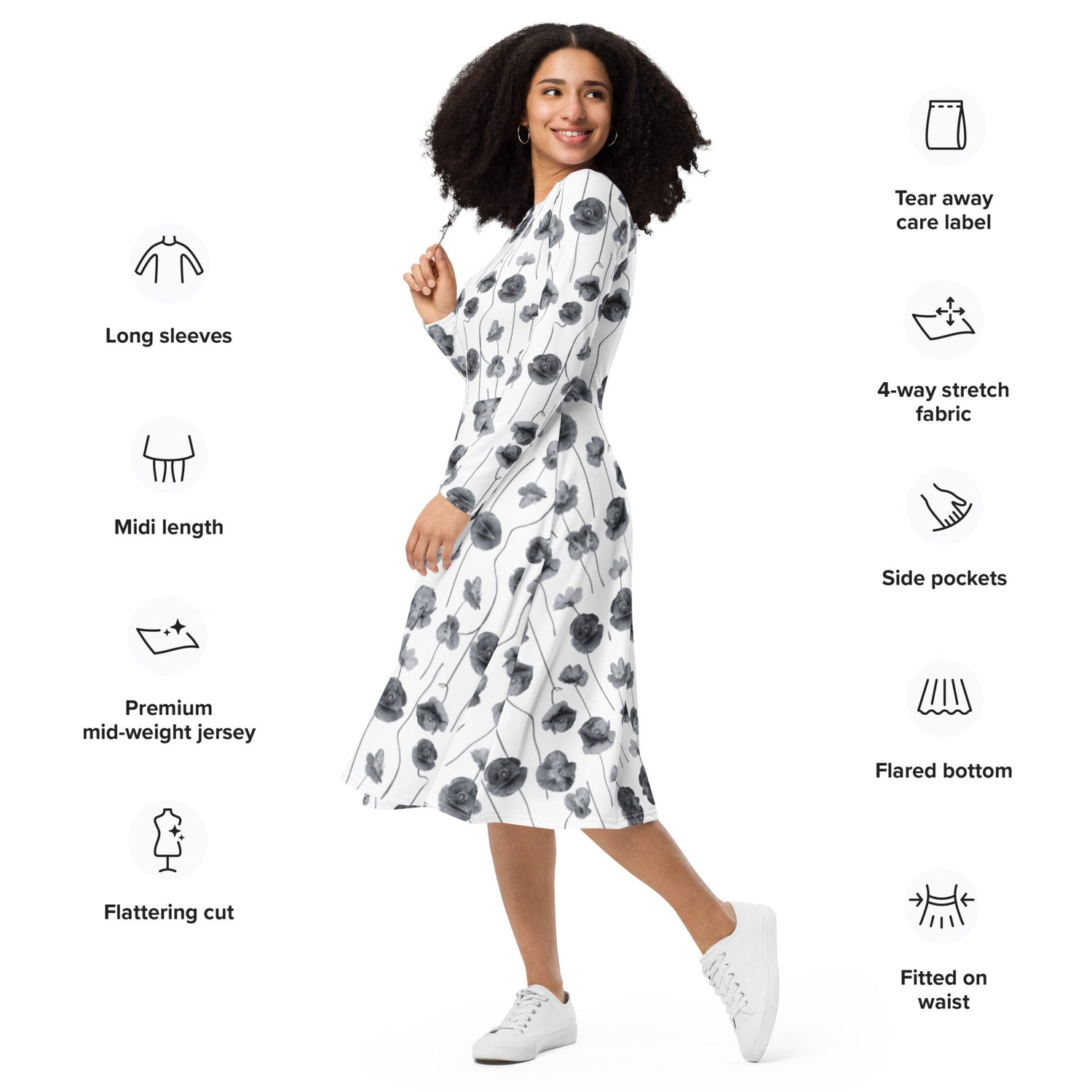 Woman wearing a long sleeved white dress with black and grey poppies. It also states the benefits of the dress like tear away care label, 4 way stretch, side pockets, etc