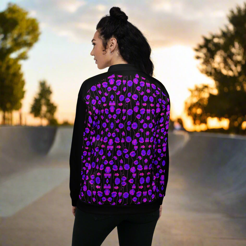 black and purple bomber jacket with poppies 