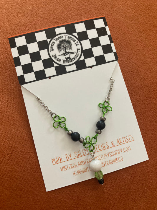 Four Leaf Clover White Quartz & Matte Black Onyx Silver Chain Necklace