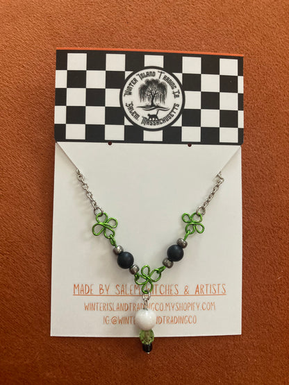 Four Leaf Clover White Quartz & Matte Black Onyx Silver Chain Necklace