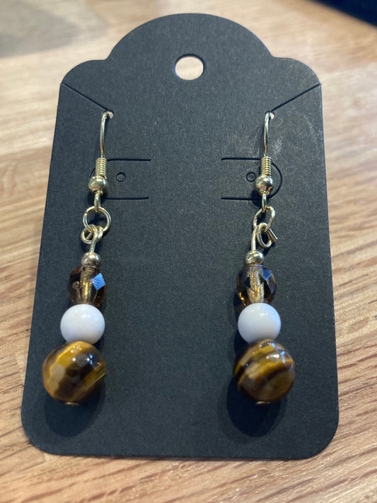 Tiger’s Eye & White Quartz Drop Earrings