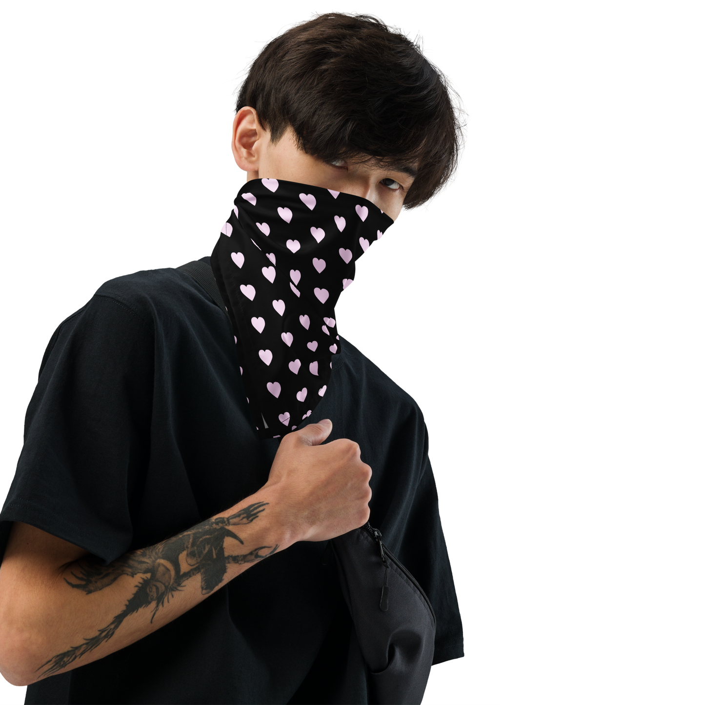 Pink Heart Black bandana, Hair Wrap, Face Covering