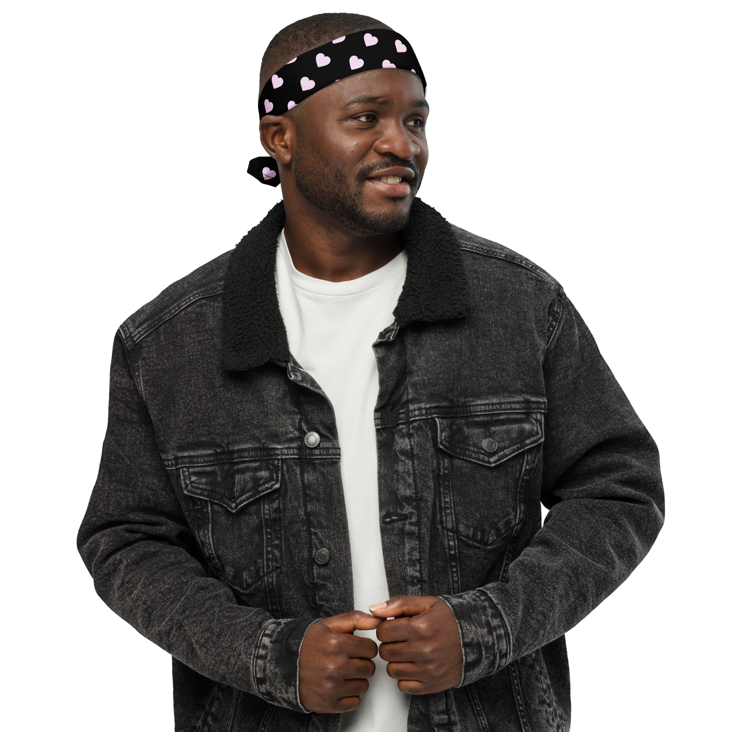 Pink Heart Black bandana, Hair Wrap, Face Covering