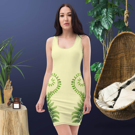 Moon Moth & Ferns Pastel Yellow Bodycon dress - Winter Island Trading Co.