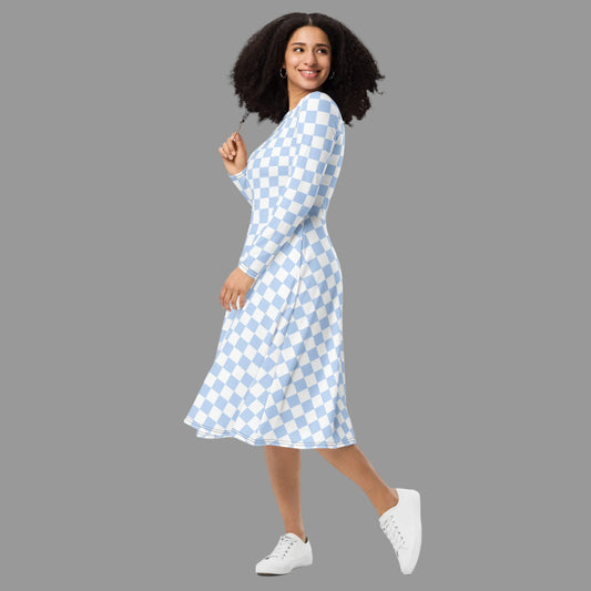 girl in a blue plaid checkered print dress