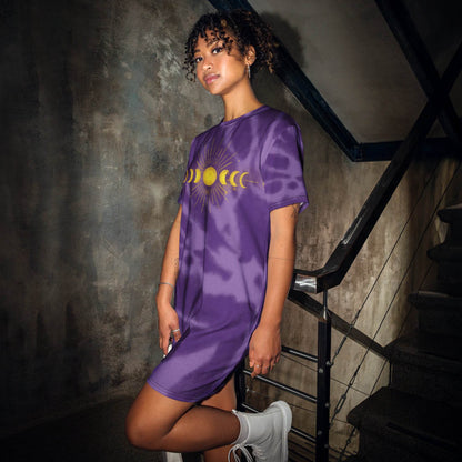 Gold Moon Phase Purple Tie-Dye Oversized T-shirt dress, Sleep Shirt, Beach Dress - Winter Island Trading Co.