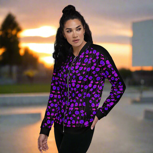 woman in a purple and black flowered jacket