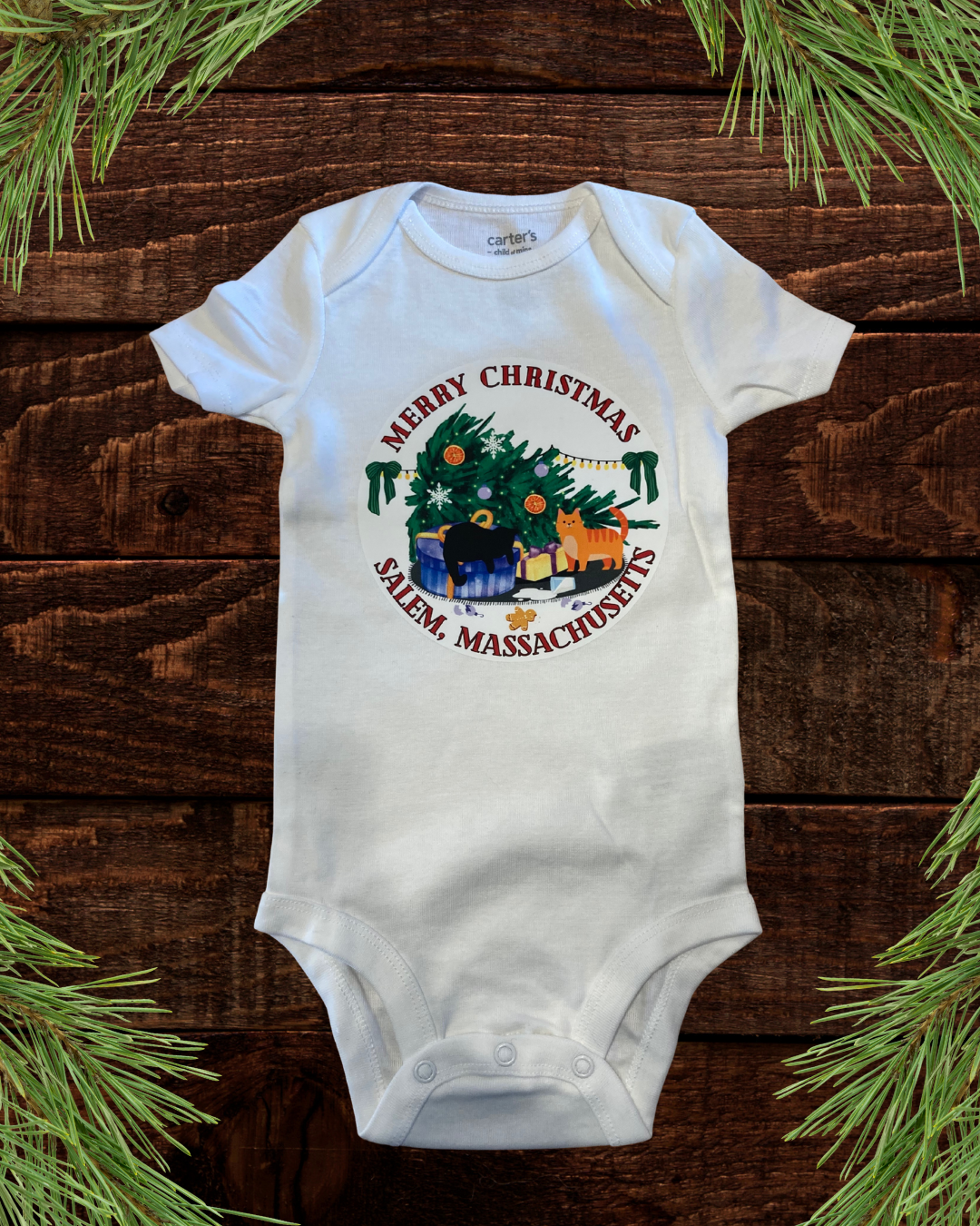 Cats on Christmas White Baby Onesie Short Sleeved 12 mo