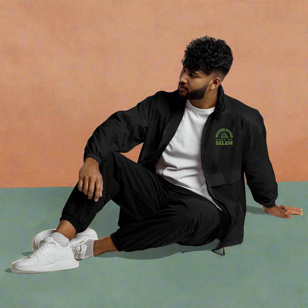 cool black motorcycle jacket windbreaker jacket no hood packable lightweight gear travel says wicked roads lead to salem in green with a cat riding a motorcycle