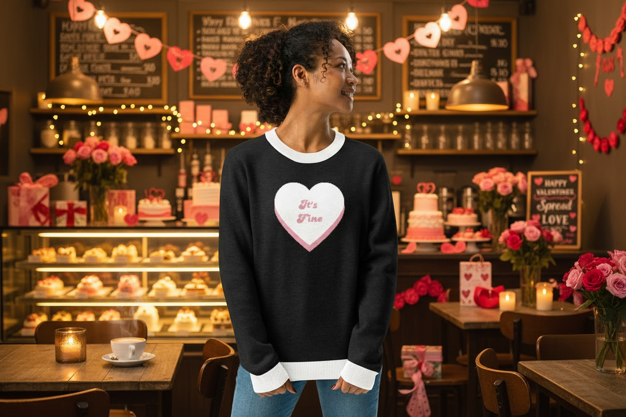 Woman wearing a black sweater with a heart design in a coffee shop.