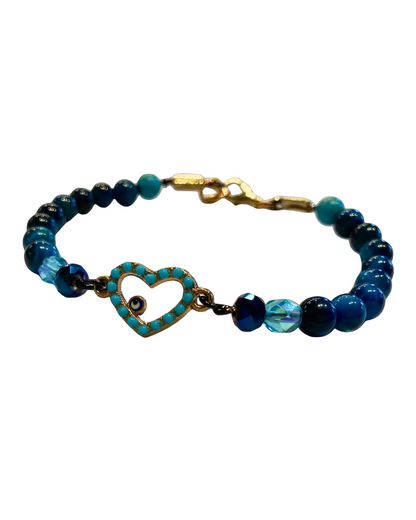 Evil Eye Heart Crystal Bracelet Blue Tiger's Eye, Glass beads with Clasp