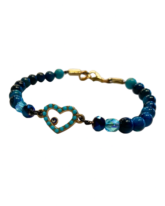 Evil Eye Heart Crystal Bracelet Blue Tiger's Eye, Glass beads with Clasp
