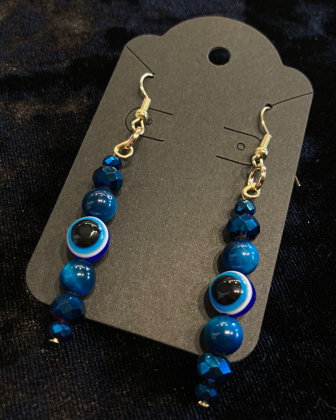 Evil Eye Drop Earrings made with Blue Tiger's Eye, Glass beads, Gold plated findings