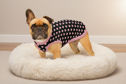 Dog wearing a black sweater with pink heart patterns on a white background