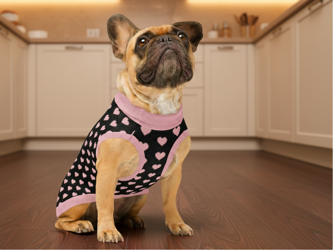 Dog wearing a black sweater with pink hearts 