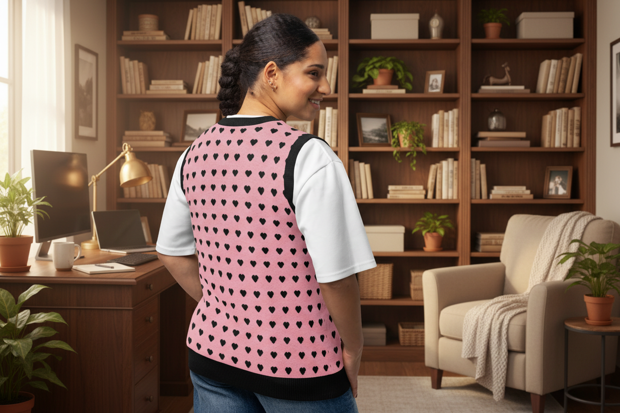 Pink and Black Heart Knit V-neck Sweater Vest