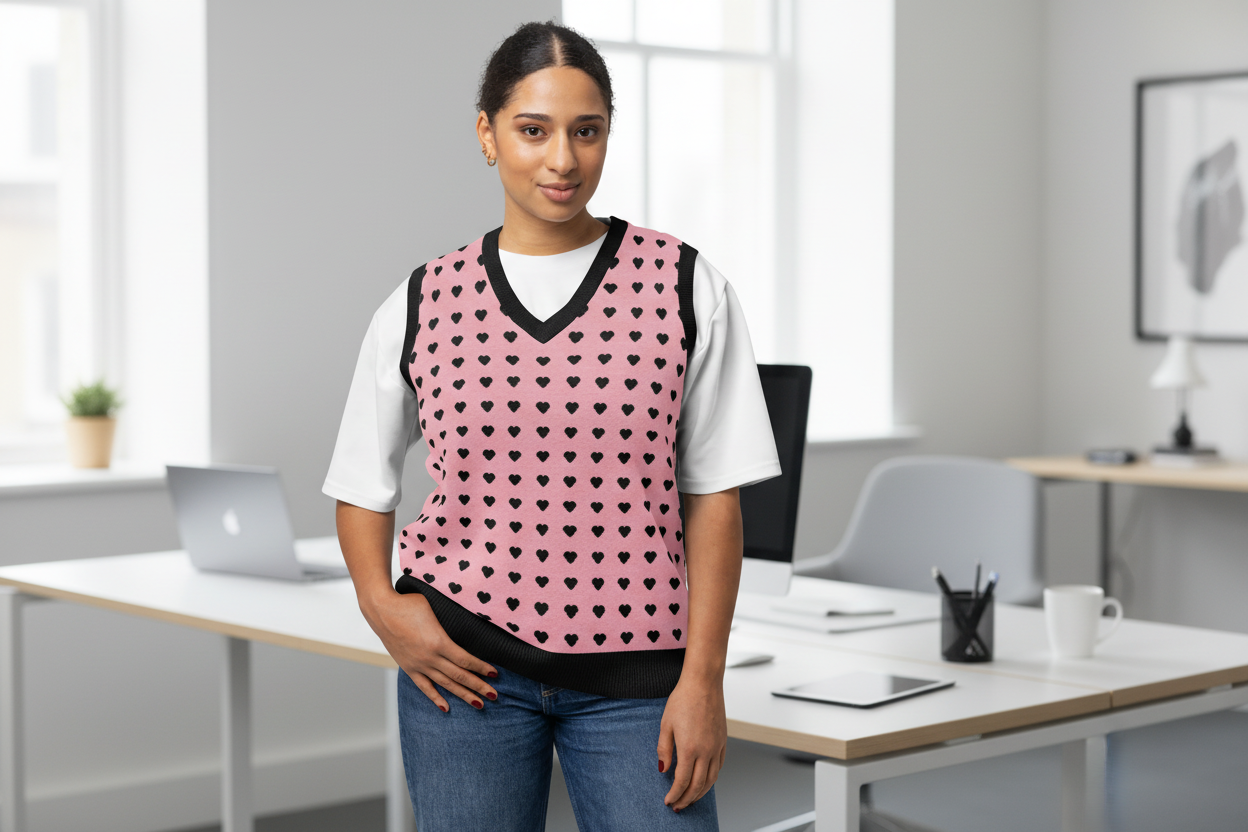 Woman wearing a pink heart-patterned sweater over a white shirt on a white background