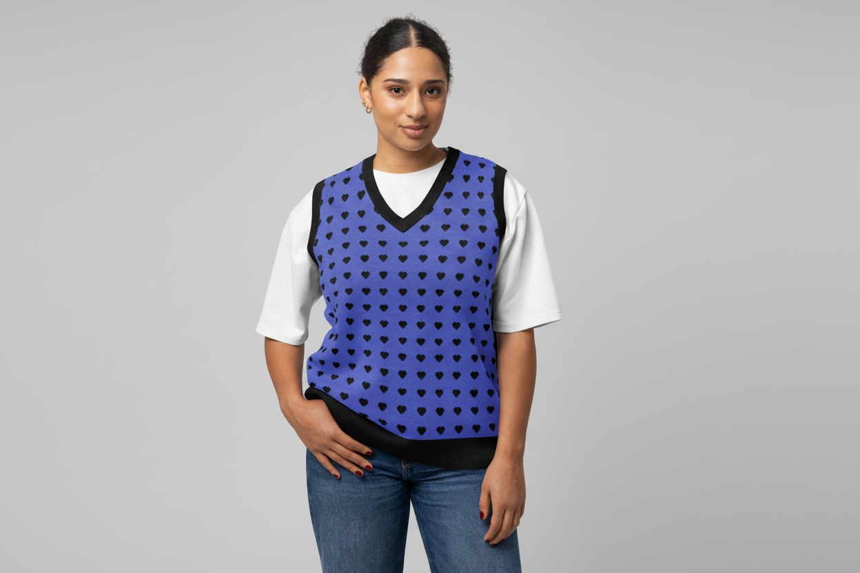 Woman wearing a blue vest with black heart patterns on a white background