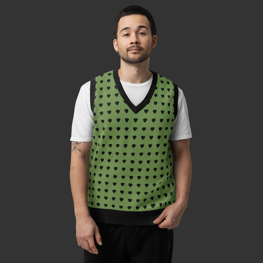 Green and Black Heart Knit V-neck Sweater Vest